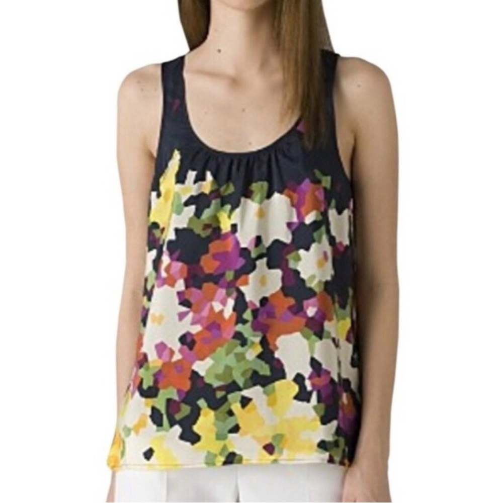 Theory Mahiro 100% Silk Pixel Flower Blouse Tank size Large